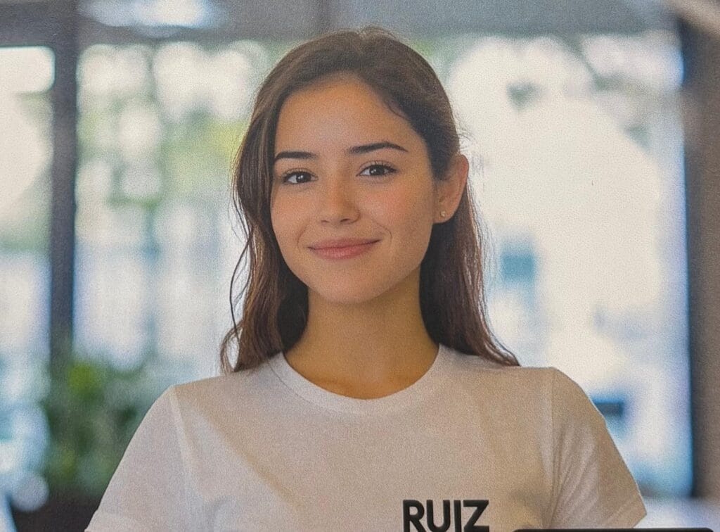 Festangestellte Mitarbeiterin der Ruiz Büroreinigung Hamburg im Team-Shirt in einem Hamburger Büro